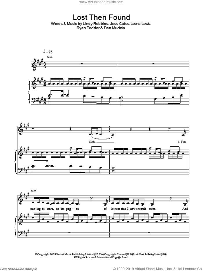 Lost Then Found sheet music for voice, piano or guitar by Leona Lewis, Dan Muckala, Jess Cates, Lindy Robbins and Ryan Tedder, intermediate skill level