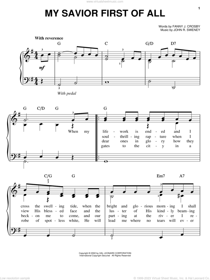 My Savior First Of All sheet music for piano solo by Fanny J. Crosby and John R. Sweney, easy skill level