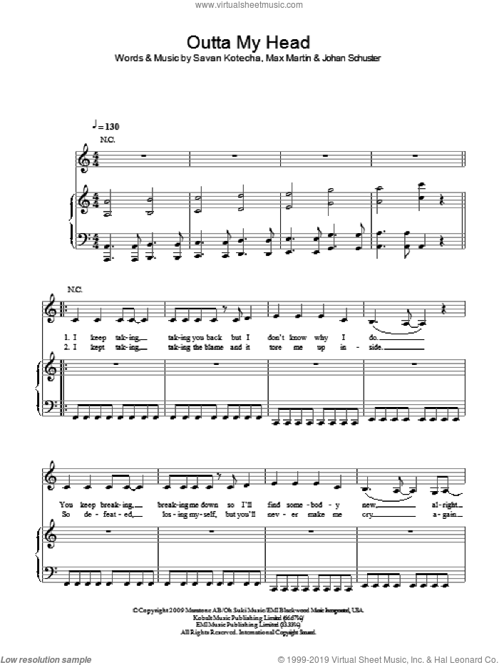 Outta My Head sheet music for voice, piano or guitar by Leona Lewis, Johan Schuster, Max Martin and Savan Kotecha, intermediate skill level