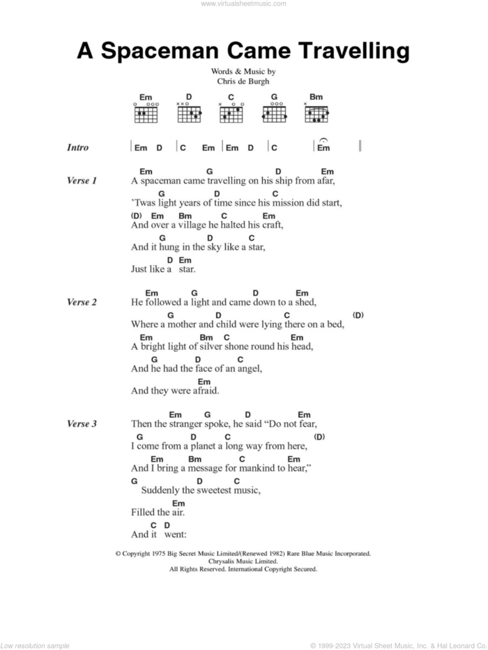 A Spaceman Came Travelling sheet music for guitar (chords) by Chris de Burgh, intermediate skill level