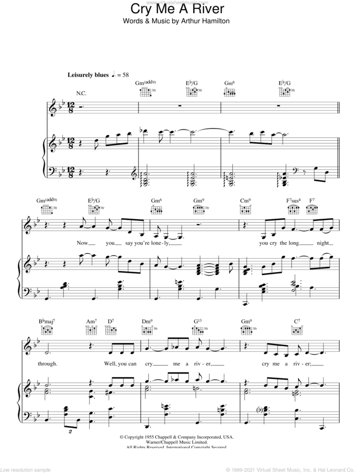 Cry Me A River sheet music for voice, piano or guitar by Susan Boyle, Ella Fitzgerald, Julie London and Arthur Hamilton, intermediate skill level
