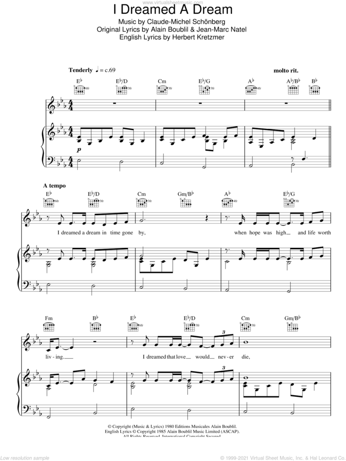 I Dreamed A Dream (from 'Les Miserables') sheet music for voice, piano or guitar by Susan Boyle, Alain Boublil, Claude-Michel Schonberg, Herbert Kretzmer and Jean-Marc Natel, intermediate skill level