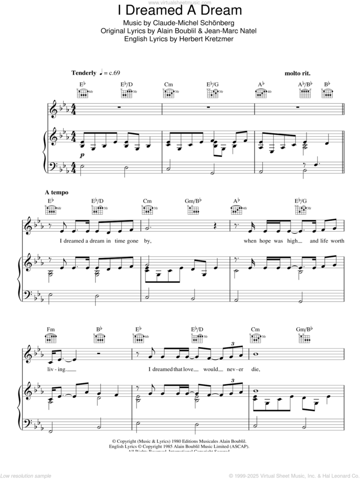 I Dreamed A Dream (from 'Les Miserables') sheet music for voice, piano or guitar by Susan Boyle, Alain Boublil, Claude-Michel Schonberg, Herbert Kretzmer and Jean-Marc Natel, intermediate skill level