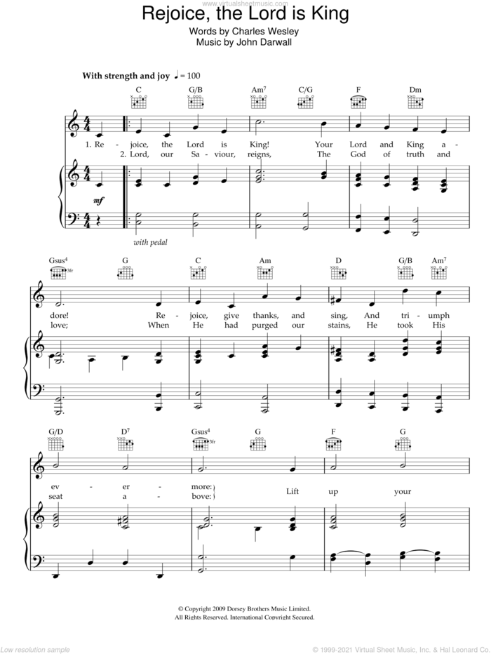 Rejoice The Lord Is King sheet music for voice, piano or guitar by Charles Wesley and John Darwall, intermediate skill level