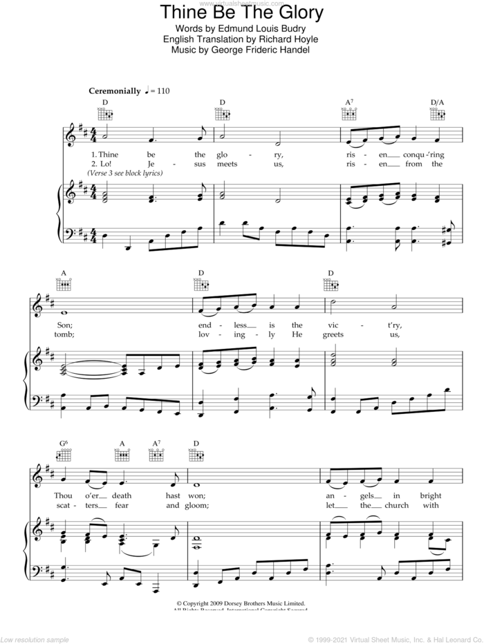 Thine Be The Glory sheet music for voice, piano or guitar by George Frideric Handel and Edmund Louis Budry, classical score, intermediate skill level