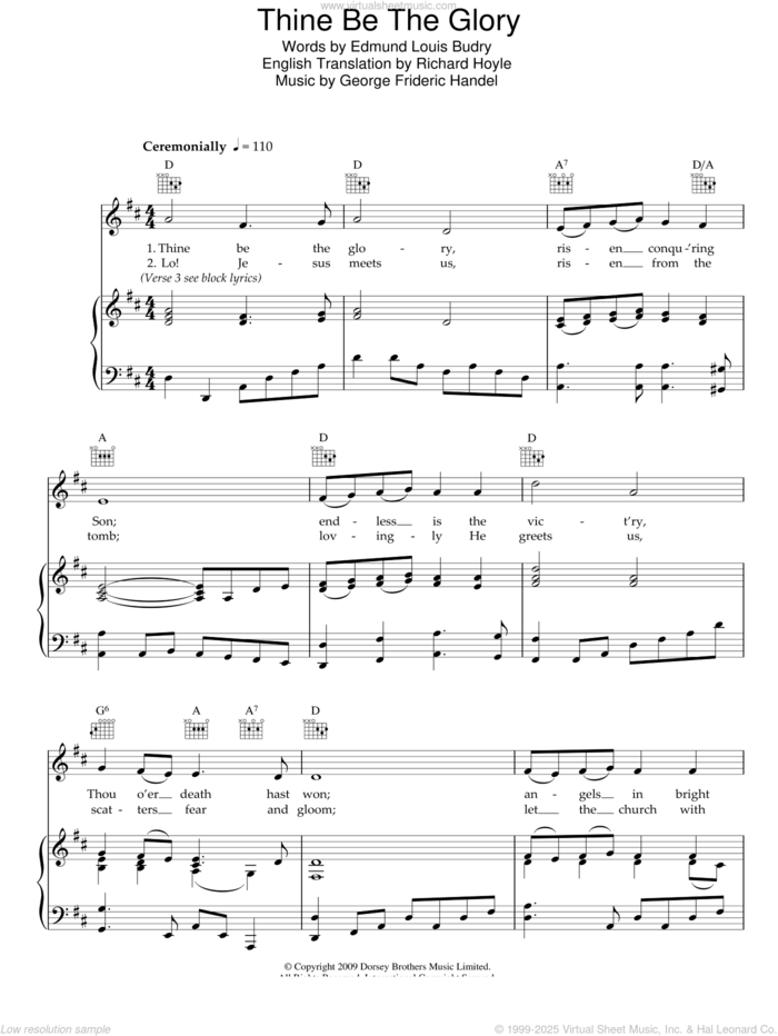 Thine Be The Glory sheet music for voice, piano or guitar by George Frideric Handel and Edmund Louis Budry, classical score, intermediate skill level