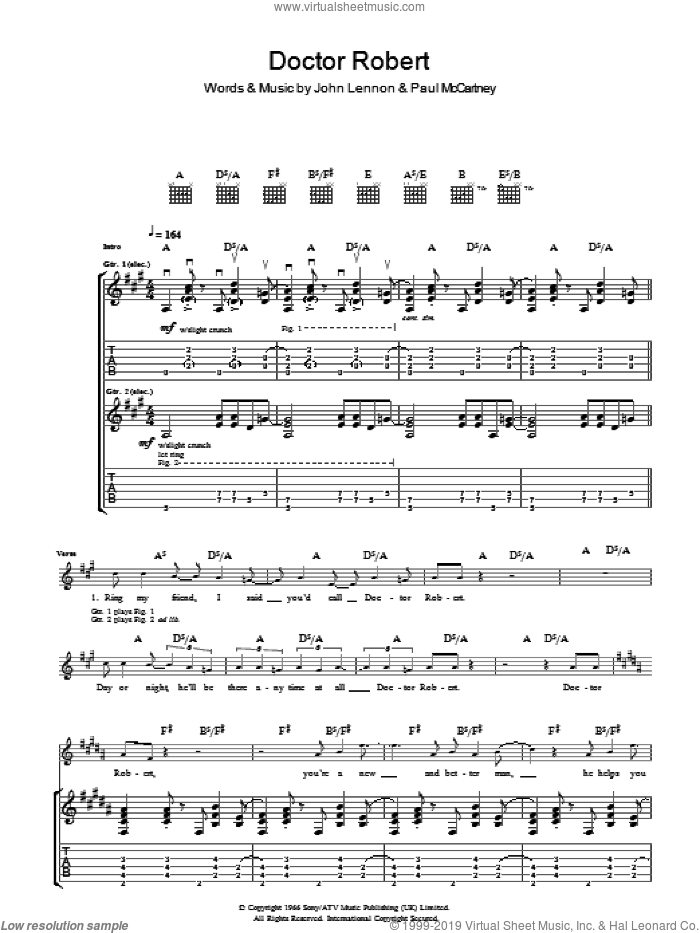 Doctor Robert sheet music for guitar (tablature) by The Beatles, John Lennon and Paul McCartney, intermediate skill level