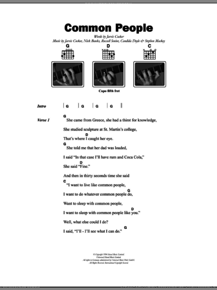 Common People sheet music for guitar (chords) by Pulp, Candida Doyle, Jarvis Cocker, Nick Banks, Russell Senior and Stephen Mackey, intermediate skill level