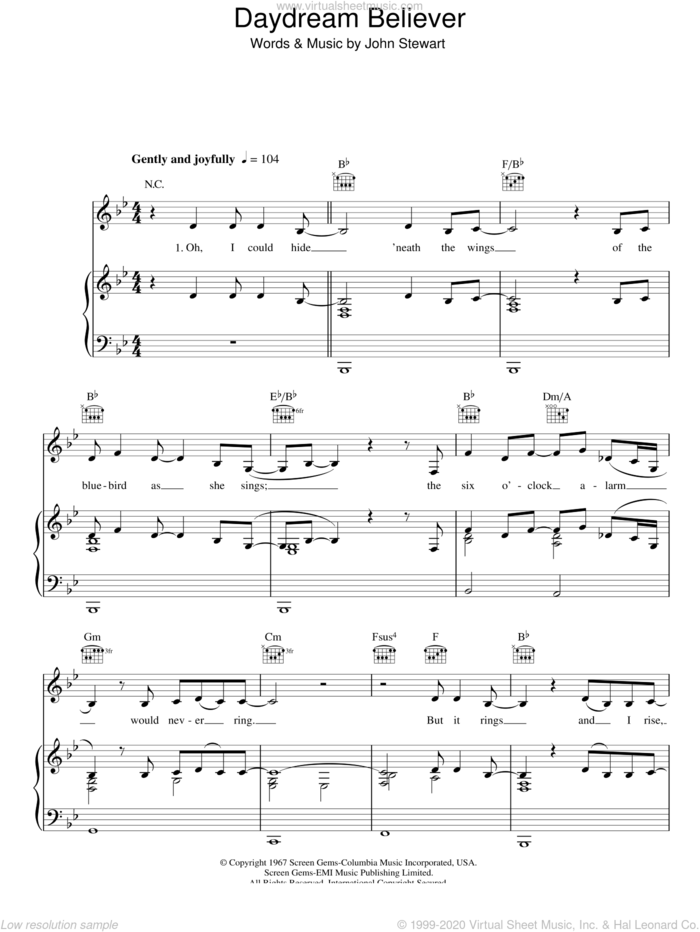 Daydream Believer sheet music for voice, piano or guitar by Susan Boyle and John Stewart, intermediate skill level