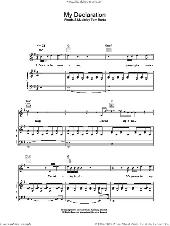 My Declaration sheet music for voice, piano or guitar by Tom Baxter, intermediate skill level