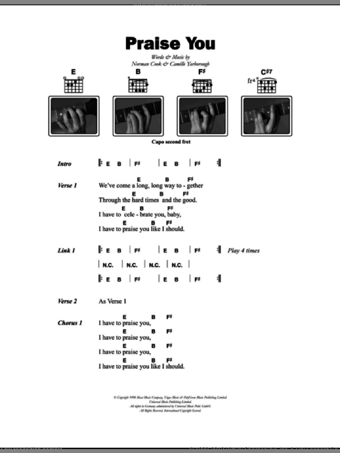 Praise You sheet music for guitar (chords) by Fatboy Slim, Camille Yarborough and Norman Cook, intermediate skill level