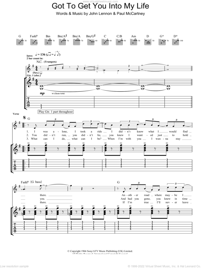 Got To Get You Into My Life sheet music for guitar (tablature) by The Beatles, John Lennon and Paul McCartney, intermediate skill level