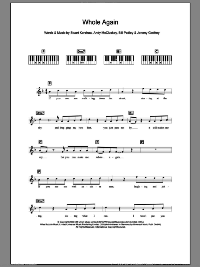 Whole Again sheet music for voice and other instruments (fake book) by Atomic Kitten, Andy McCluskey, Bill Padley, Jem Godfrey and Stuart Kershaw, intermediate skill level