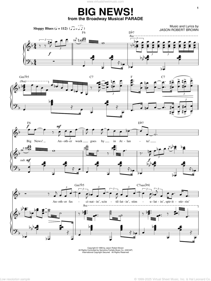 Big News! (from Parade) sheet music for voice and piano by Jason Robert Brown and Parade (Musical), intermediate skill level