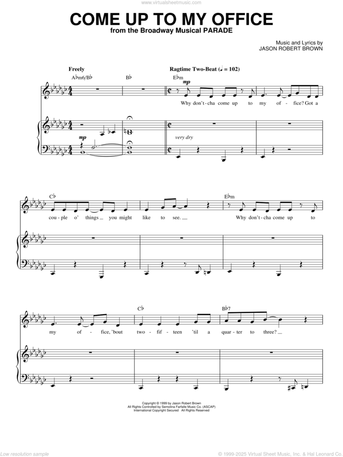 Come Up To My Office sheet music for voice and piano by Jason Robert Brown and Parade (Musical), intermediate skill level