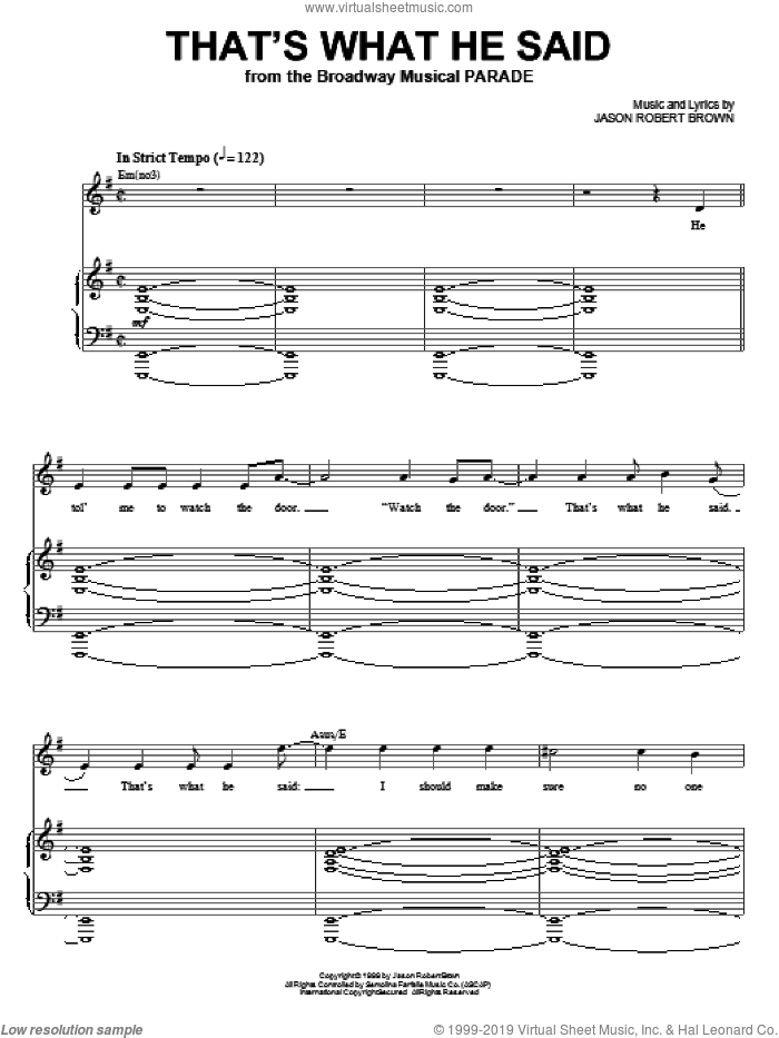 That's What He Said (from Parade) sheet music for voice and piano by Jason Robert Brown and Parade (Musical), intermediate skill level