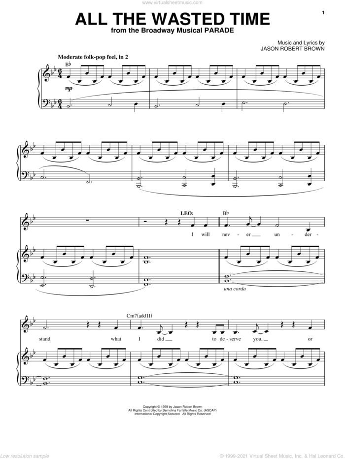All The Wasted Time (from Parade) sheet music for voice and piano by Jason Robert Brown and Parade (Musical), intermediate skill level