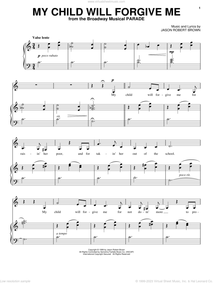 My Child Will Forgive Me (from Parade) sheet music for voice and piano by Jason Robert Brown and Parade (Musical), intermediate skill level