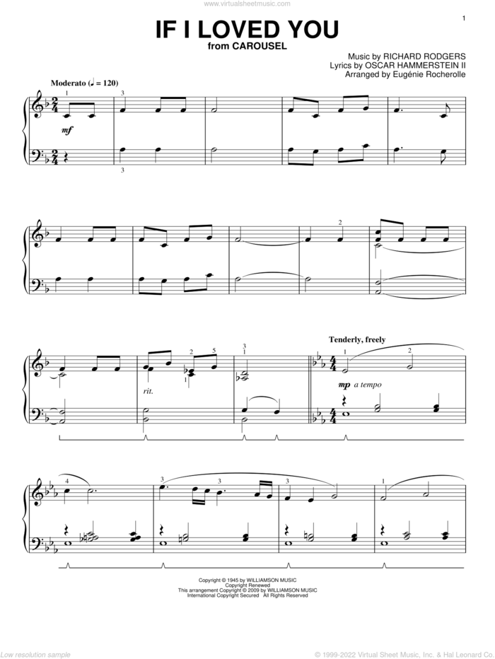 If I Loved You sheet music for piano solo by Rodgers & Hammerstein, Carousel (Musical), Eugenie Rocherolle, Oscar II Hammerstein and Richard Rodgers, intermediate skill level