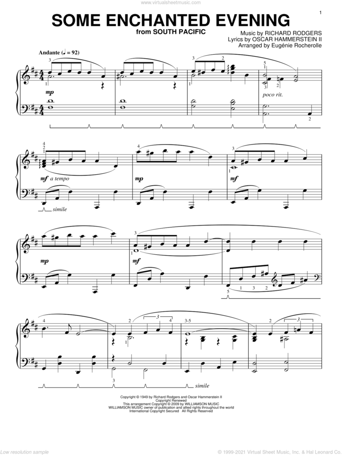 Some Enchanted Evening, (intermediate) sheet music for piano solo by Rodgers & Hammerstein, Eugenie Rocherolle, South Pacific (Musical), Oscar II Hammerstein and Richard Rodgers, intermediate skill level