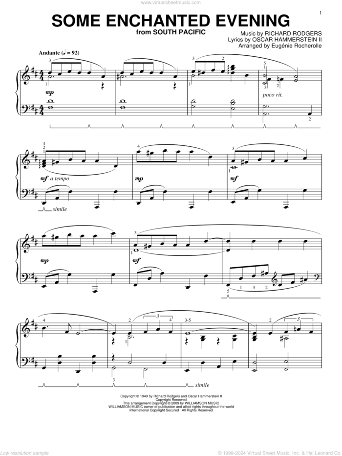 Some Enchanted Evening, (intermediate) sheet music for piano solo by Rodgers & Hammerstein, Eugenie Rocherolle, South Pacific (Musical), Oscar II Hammerstein and Richard Rodgers, intermediate skill level