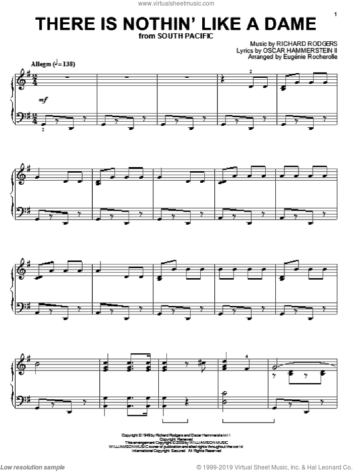 There Is Nothin' Like A Dame sheet music for piano solo by Rodgers & Hammerstein, Eugenie Rocherolle, South Pacific (Musical), Oscar II Hammerstein and Richard Rodgers, intermediate skill level