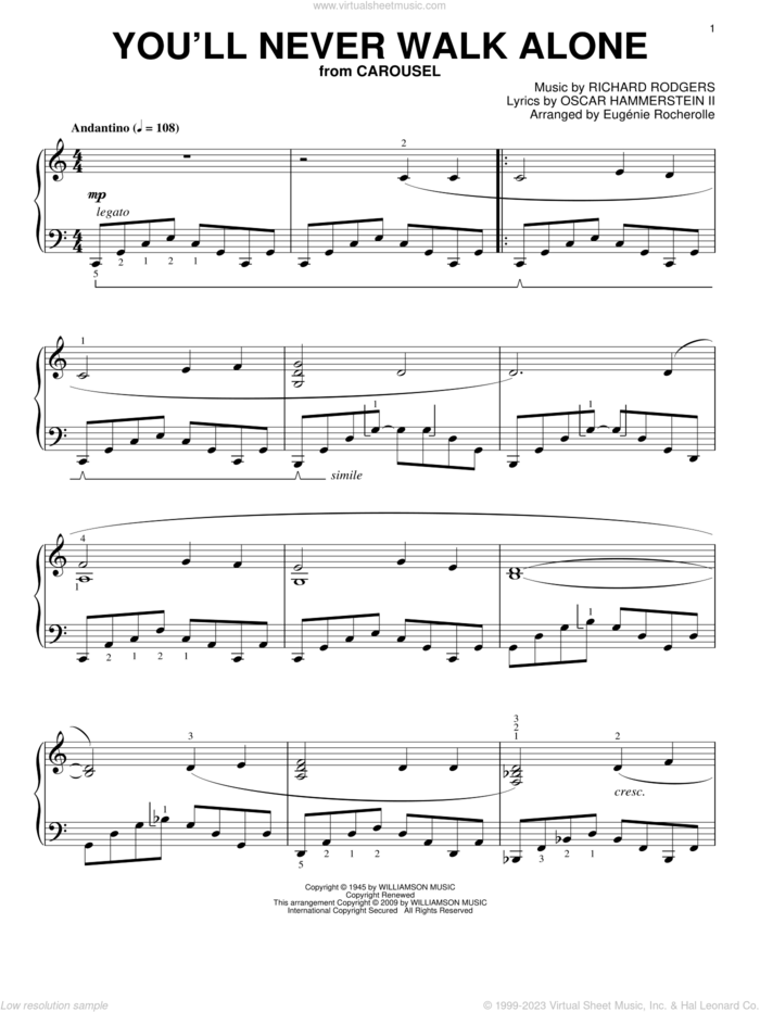 You'll Never Walk Alone (from Carousel) sheet music for piano solo by Rodgers & Hammerstein, Eugenie Rocherolle, Carousel (Musical), Oscar II Hammerstein and Richard Rodgers, wedding score, intermediate skill level