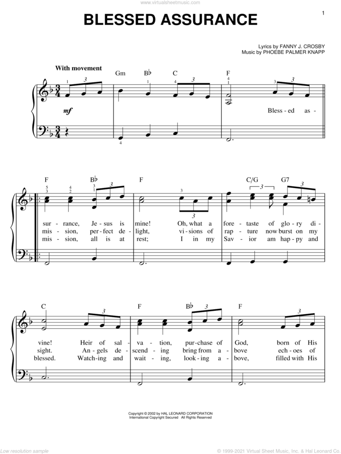 Blessed Assurance sheet music for piano solo by Fanny J. Crosby and Phoebe Palmer Knapp, easy skill level