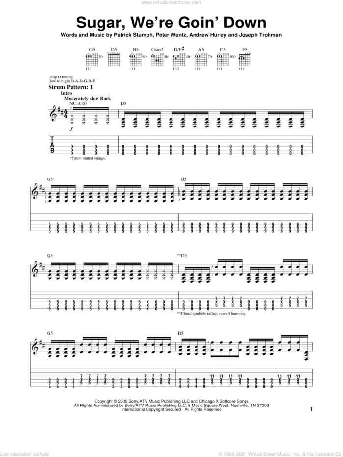 Sugar, We're Goin' Down sheet music for guitar solo (easy tablature) by Fall Out Boy, Andrew Hurley, Joseph Trohman, Patrick Stumph and Peter Wentz, easy guitar (easy tablature)
