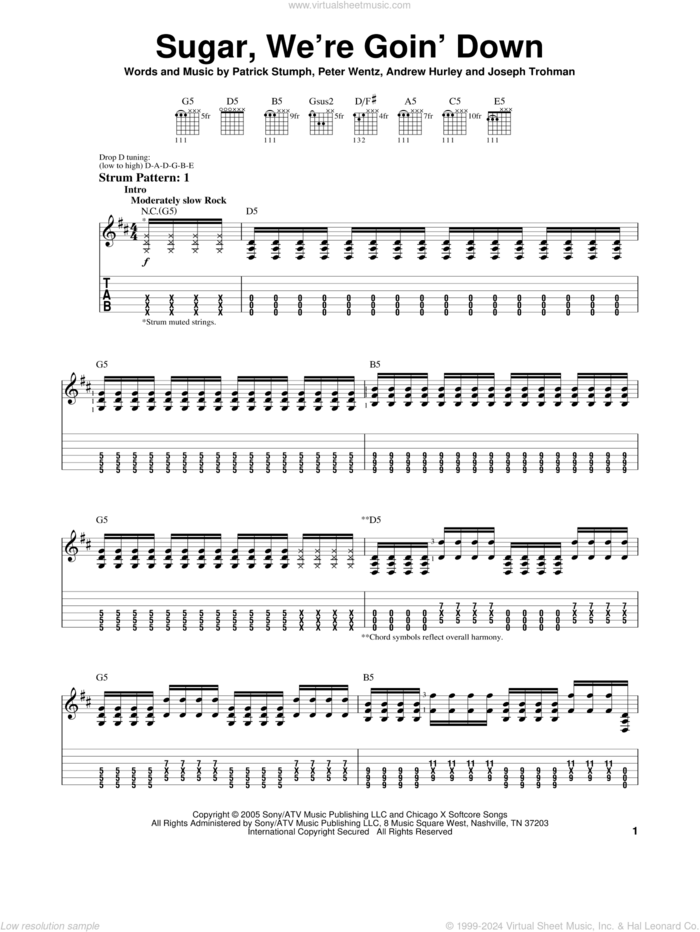 Sugar, We're Goin' Down sheet music for guitar solo (easy tablature) by Fall Out Boy, Andrew Hurley, Joseph Trohman, Patrick Stumph and Peter Wentz, easy guitar (easy tablature)