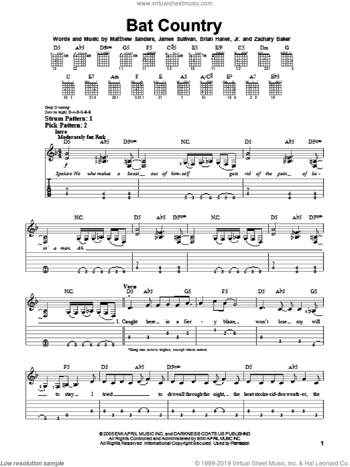 Bat Country sheet music for guitar solo (easy tablature) by Avenged Sevenfold, Brian Haner, Jr., James Sullivan, Matthew Sanders and Zachary Baker, easy guitar (easy tablature)