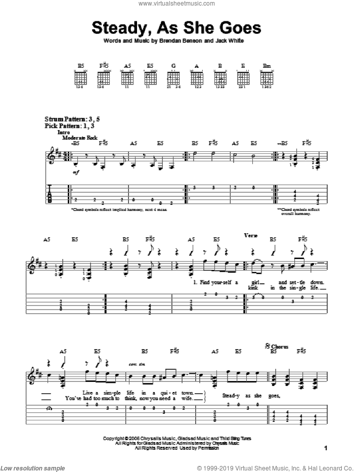 Steady, As She Goes sheet music for guitar solo (easy tablature) by The Raconteurs, Brendan Benson and Jack White, easy guitar (easy tablature)