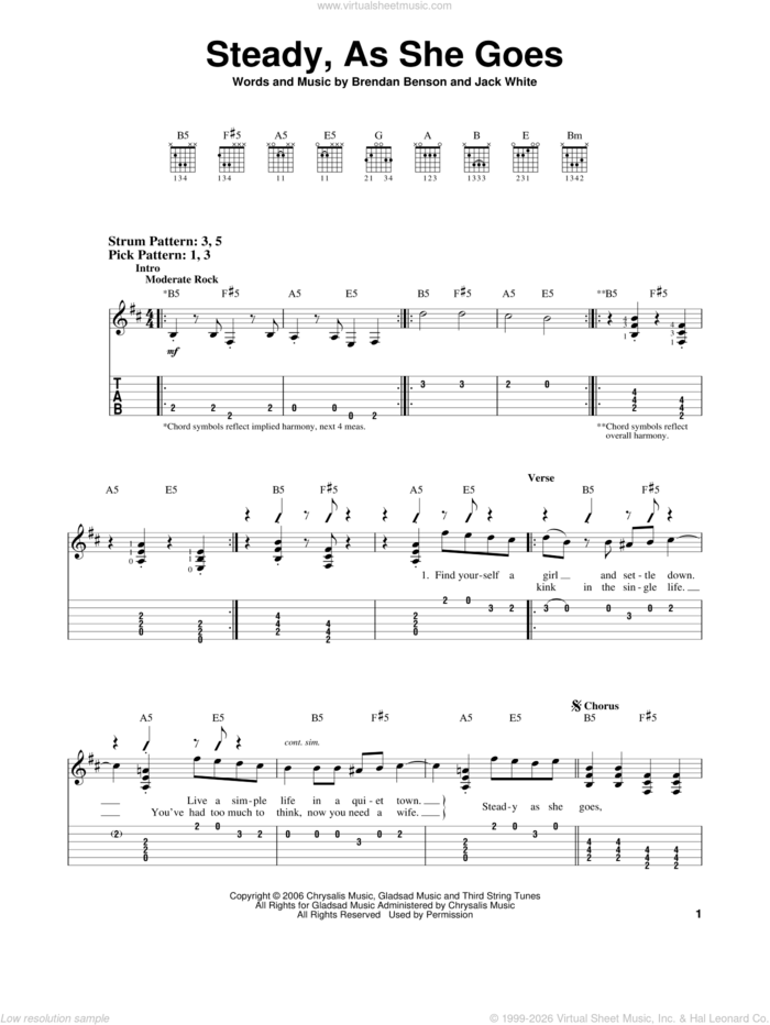 Steady, As She Goes sheet music for guitar solo (easy tablature) by The Raconteurs, Brendan Benson and Jack White, easy guitar (easy tablature)