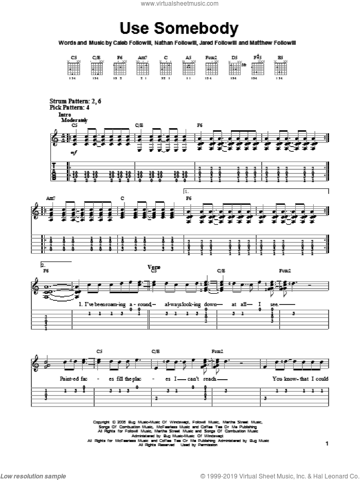 Use Somebody sheet music for guitar solo (easy tablature) by Kings Of Leon, Caleb Followill, Jared Followill, Matthew Followill and Nathan Followill, easy guitar (easy tablature)