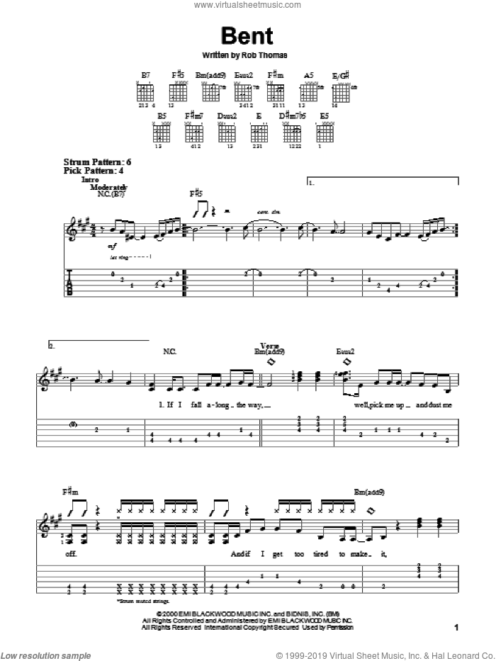 Bent sheet music for guitar solo (easy tablature) by Matchbox Twenty, Matchbox 20 and Rob Thomas, easy guitar (easy tablature)