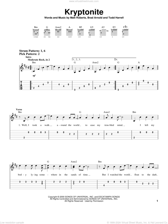 Kryptonite sheet music for guitar solo (easy tablature) by 3 Doors Down, Brad Arnold, Matt Roberts and Todd Harrell, easy guitar (easy tablature)