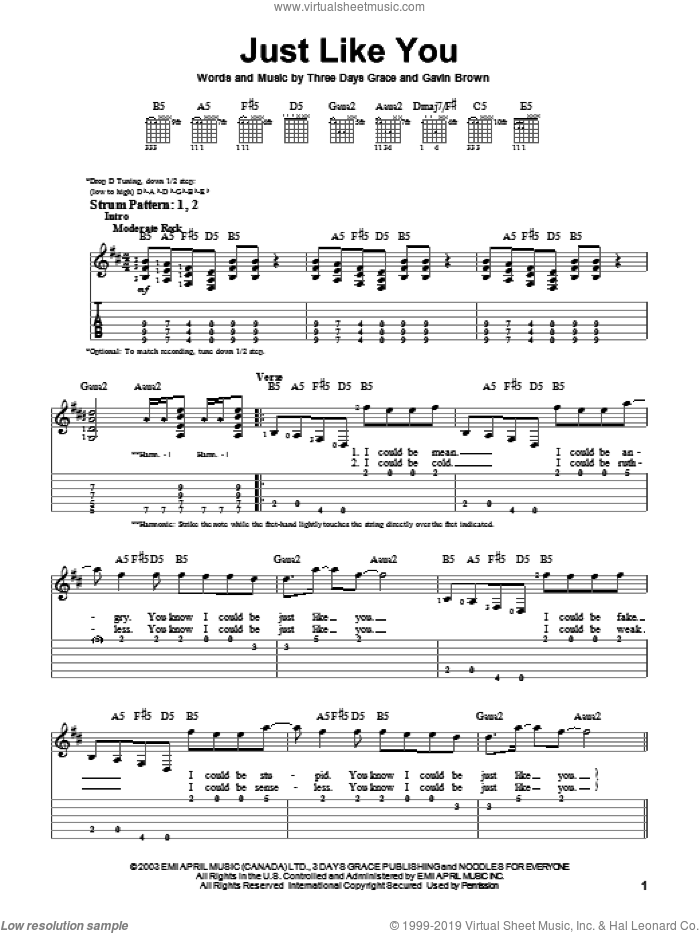 Just Like You sheet music for guitar solo (easy tablature) by Three Days Grace and Gavin Brown, easy guitar (easy tablature)
