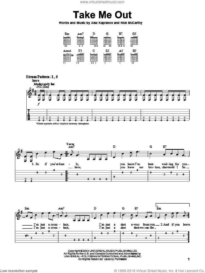 Take Me Out sheet music for guitar solo (easy tablature) by Franz Ferdinand, Alex Kapranos and Nicholas McCarthy, easy guitar (easy tablature)