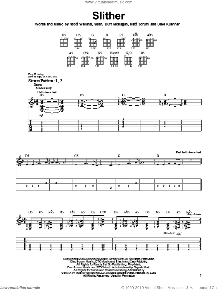 Slither sheet music for guitar solo (easy tablature) by Velvet Revolver, Dave Kushner, Duff McKagan, Matt Sorum, Scott Weiland and Slash, easy guitar (easy tablature)