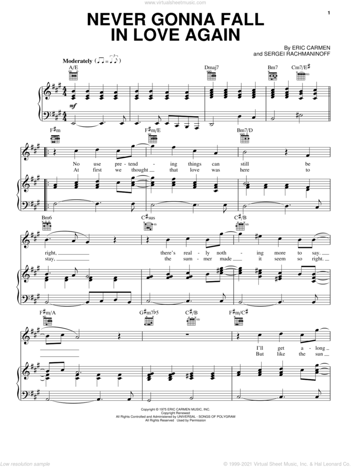 Never Gonna Fall In Love Again sheet music for voice, piano or guitar by Eric Carmen and Serjeij Rachmaninoff, intermediate skill level