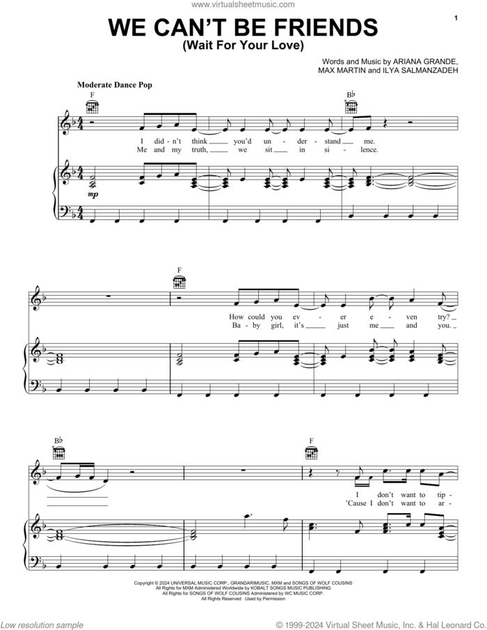we can't be friends (wait for your love) sheet music for voice, piano or guitar by Ariana Grande, Ilya Salmanzadeh and Max Martin, intermediate skill level