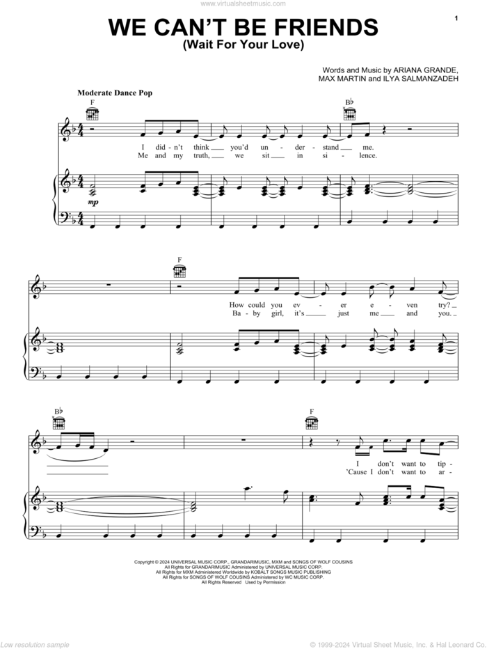 we can't be friends (wait for your love) sheet music for voice, piano or guitar by Ariana Grande, Ilya Salmanzadeh and Max Martin, intermediate skill level