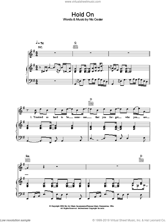 Hold On sheet music for voice, piano or guitar by Nic Cester, intermediate skill level