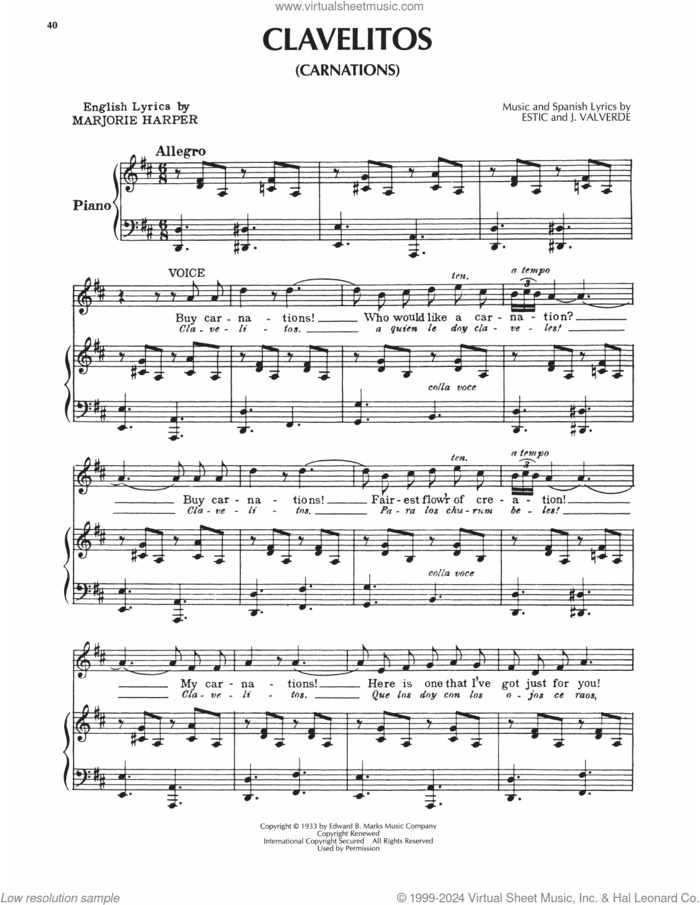 Clavelitos sheet music for voice, piano or guitar by Marjorie Harper, Estic Valverde and J. Valverde, intermediate skill level