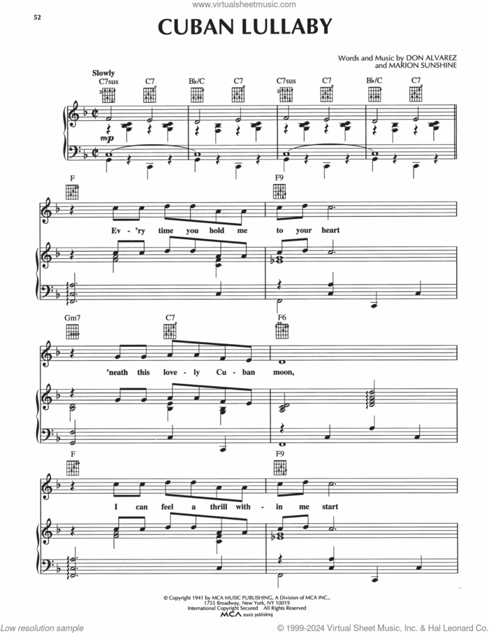 Cuban Lullaby sheet music for voice, piano or guitar by Don Mario Alvarez and Marion Sunshine, intermediate skill level