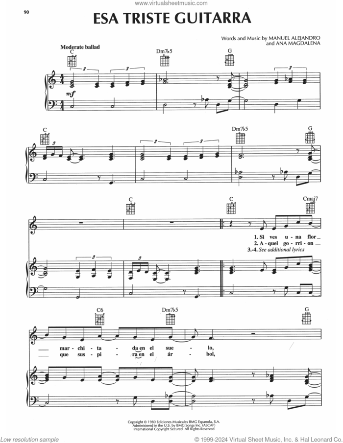 Esa Triste Guitarra sheet music for voice, piano or guitar by Manuel Alejandro and Ana Magdalena, intermediate skill level