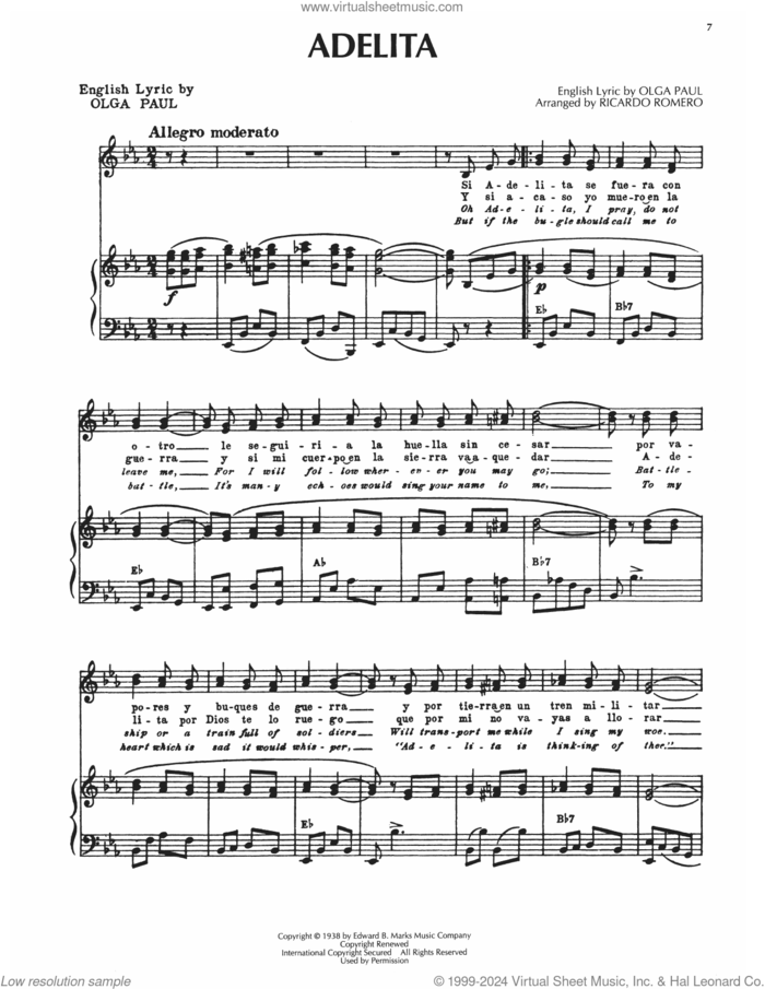 Adelita sheet music for voice, piano or guitar by Olga Paul and Ricardo Romero, intermediate skill level