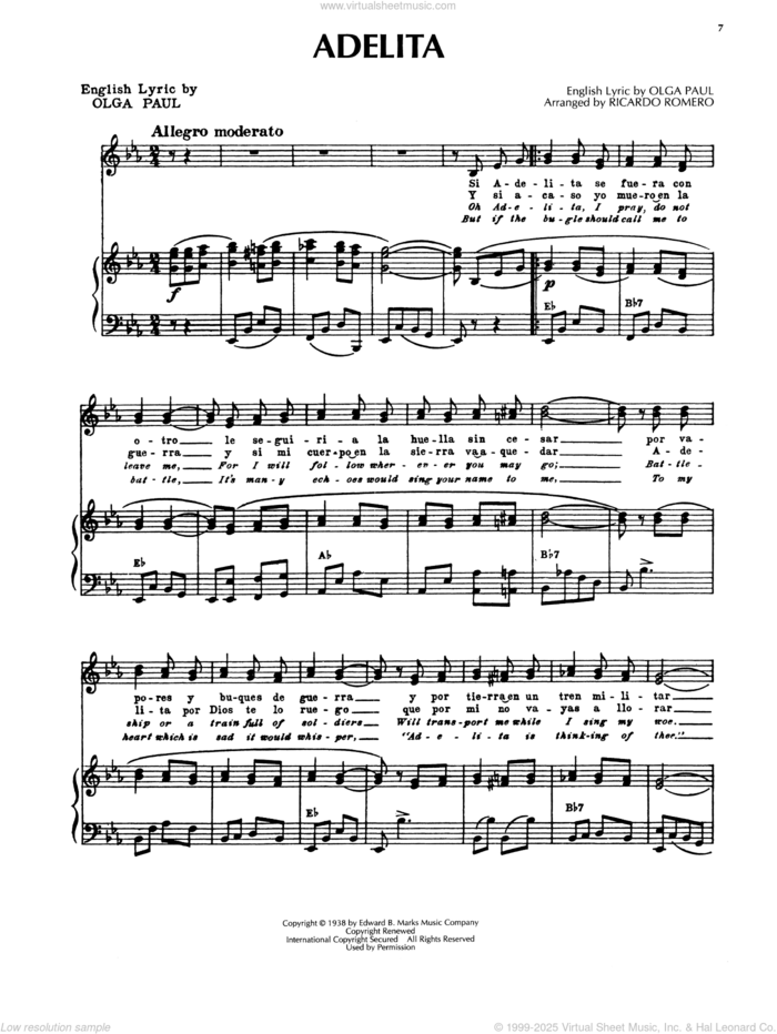 Adelita sheet music for voice, piano or guitar by Olga Paul and Ricardo Romero, intermediate skill level