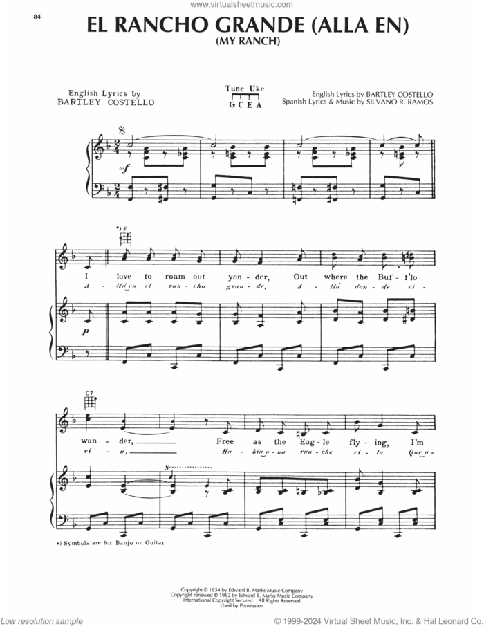 Alla En El Rancho Grande (My Ranch) sheet music for voice, piano or guitar by Silvano R. Ramos and Bartley Costello, intermediate skill level