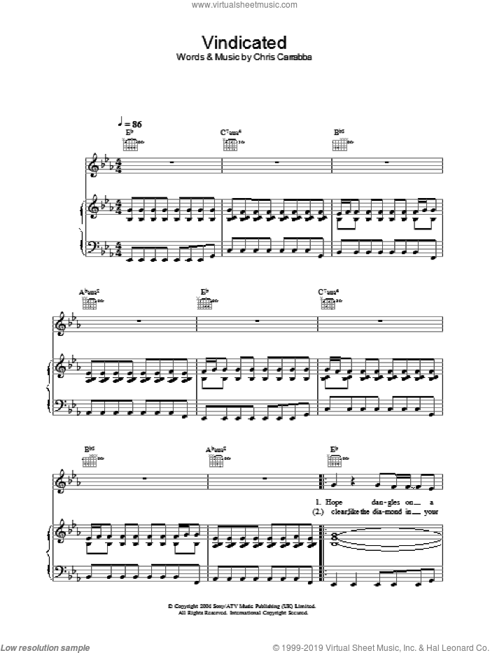 Vindicated sheet music for voice, piano or guitar by Dashboard Confessional, intermediate skill level